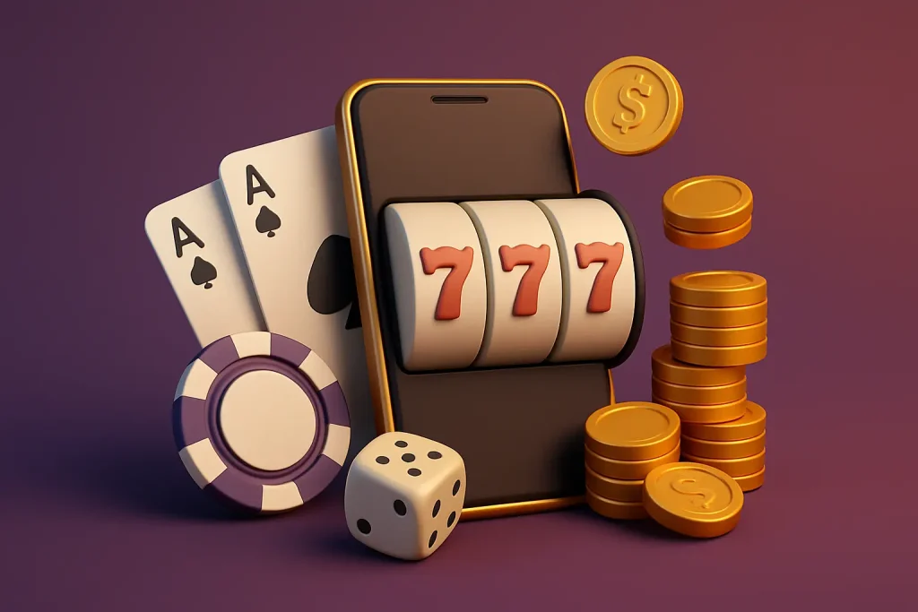 Mobile phone with slot machine reels, playing cards, and casino chips