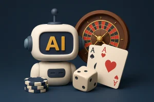 AI robot with roulette wheel and playing cards representing artificial intelligence in Australian online casinos