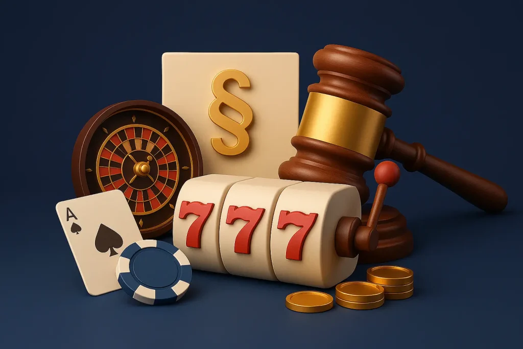 Casino symbols with gavel and legal icon showing regulation