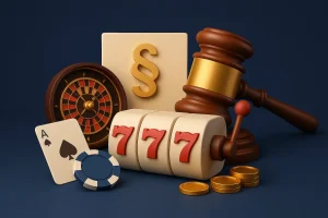 Casino symbols with gavel and legal icon showing regulation
