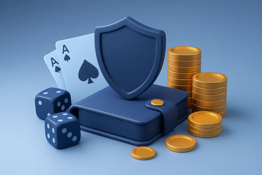 Shield, wallet, playing cards, and dice symbolising bankroll protection in online casino play