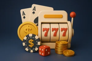Slot machine jackpot 777 with chips, cards, and gold coins