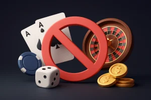 Red banned symbol over casino items including roulette, cards, dice, and coins