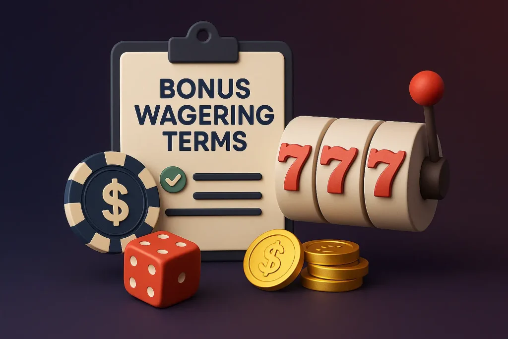 Bonus wagering terms explained for Australian online casino players with slot machine and chips