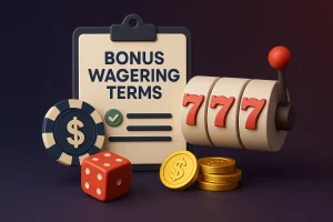 Bonus wagering terms explained for Australian online casino players with slot machine and chips