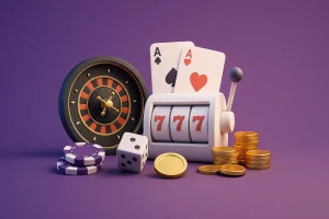 Stylised slot machine with 777 symbols, roulette wheel, poker cards and casino chips — representing casino tournaments and game variety
