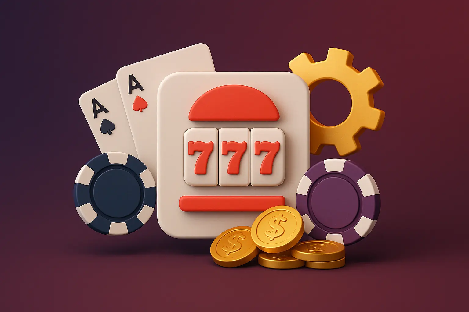 Illustration of online pokie features with playing cards, slot machine, chips, and gold coins