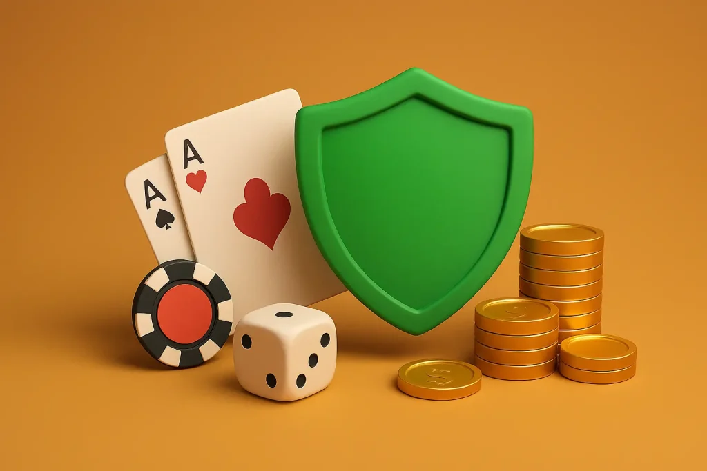 Green shield with casino cards, dice, and coins symbolizing safe gambling