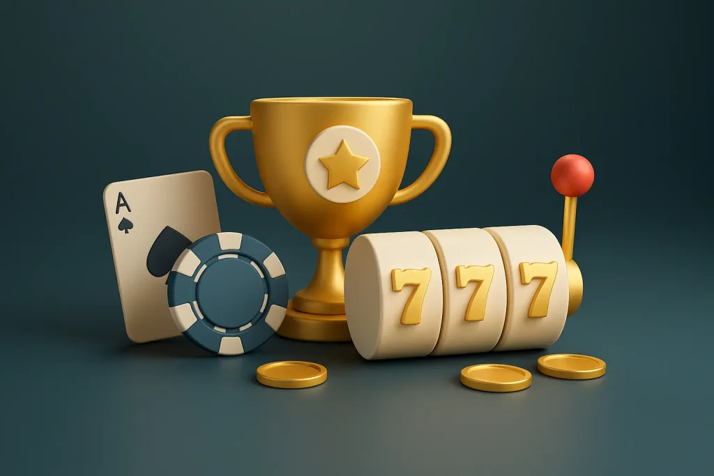 Golden trophy with slot machine jackpot, poker chip, and ace card symbolising casino success