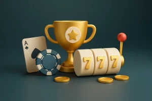 Golden trophy with slot machine jackpot, poker chip, and ace card symbolising casino success