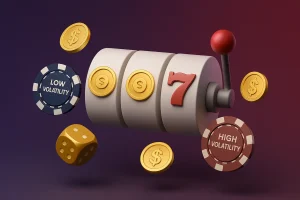Slot machine with chips labeled low and high volatility and scattered gold coin