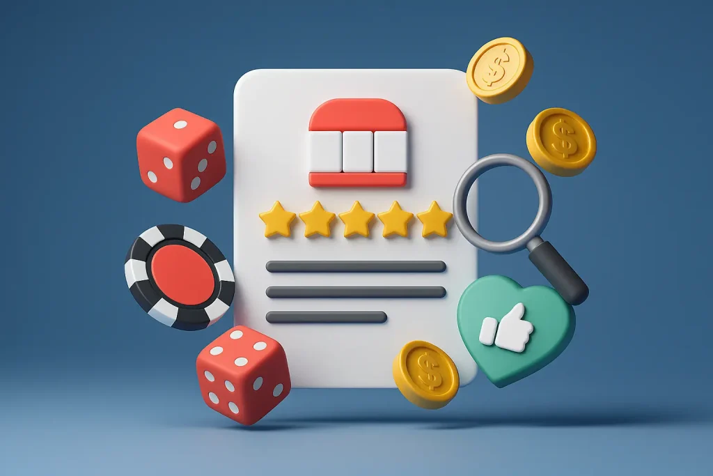 Casino review card with stars, dice, coins, magnifying glass, and thumbs-up icon
