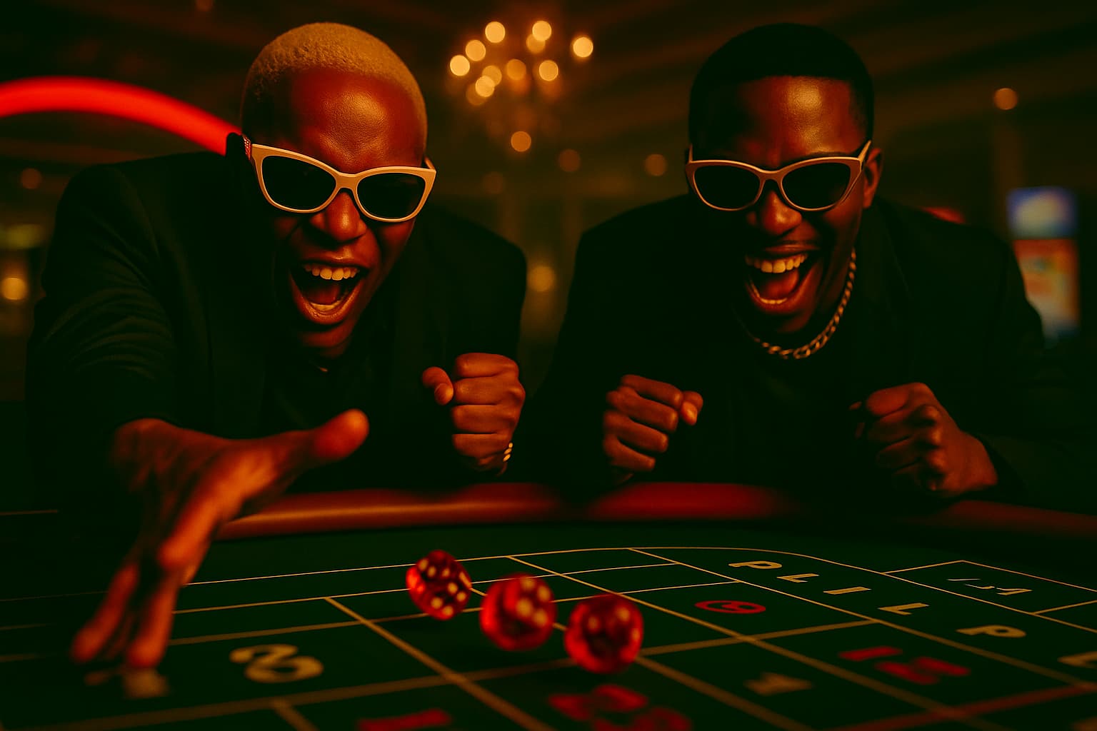 Two men at a casino table excitedly reacting to dice rolls, representing advanced Sic Bo strategy in action