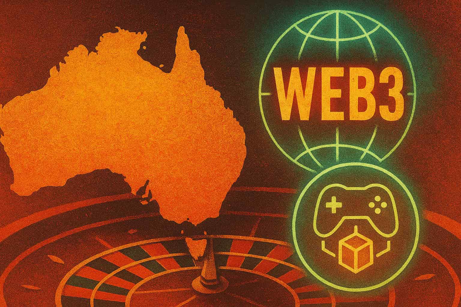 Australia silhouette with blockchain gaming and Web3 symbols in vintage style, representing DECA’s national strategy for Web3 innovation