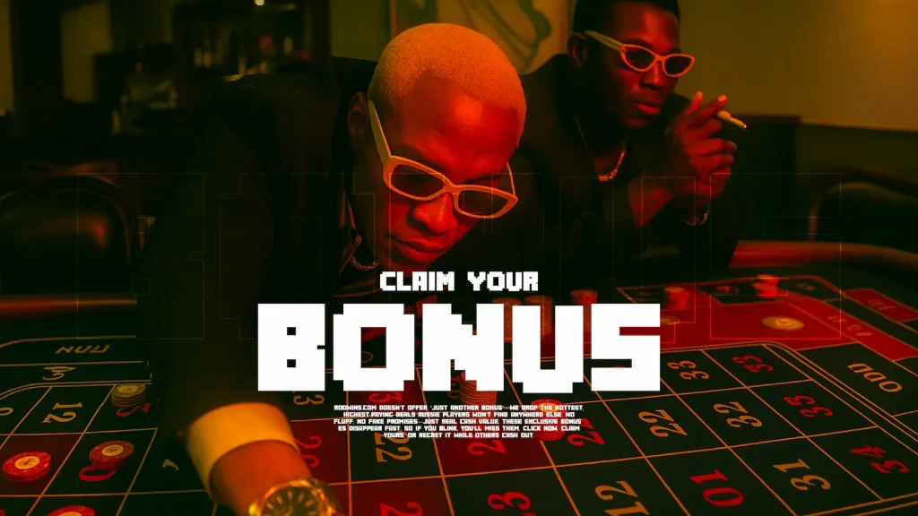 Two stylish men at a roulette table in a dark casino with bold “Claim Your Bonus” promo text, targeting Australian casino bonuses and reviews, online casinos and bonuses