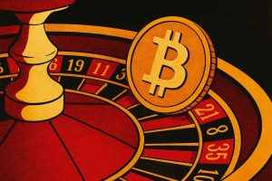 Bitcoin coin on a roulette wheel with red and black pockets, in vintage textured style