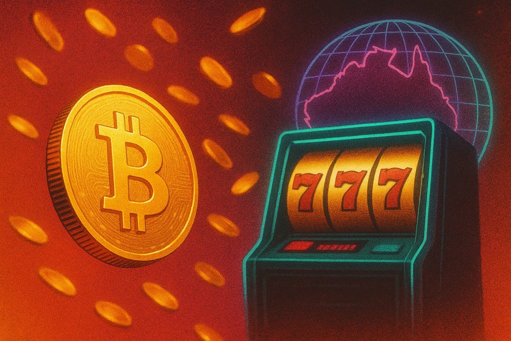 Bitcoin coin flying near slot machine with neon green “Casino” sign and Australia globe, symbolising crypto casinos in Australia