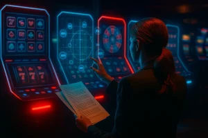 Light-skinned Australian woman reviewing new online casino games 2025 from behind in futuristic casino setting