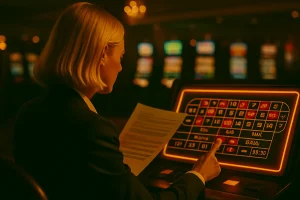 back view of a female player reviewing online casino player rights