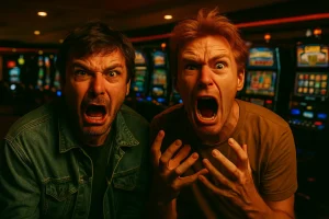 Two angry Australian men reacting emotionally in a casino scene, illustrating frustration with casinos to avoid