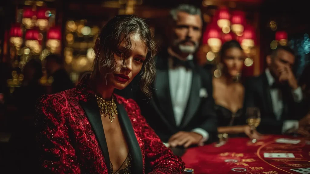 Attractive Australian woman evaluating players and a casino dealer before choosing her seat at a high-end poker table