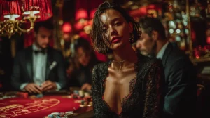 Seductive Australian woman in a black dress observing a casino dealer and players at a poker table inside a luxury casino