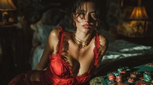 Close-up of poker chip values displayed on a green felt table with a seductive woman in a red dress leaning over the chips in a cinematic casino setting